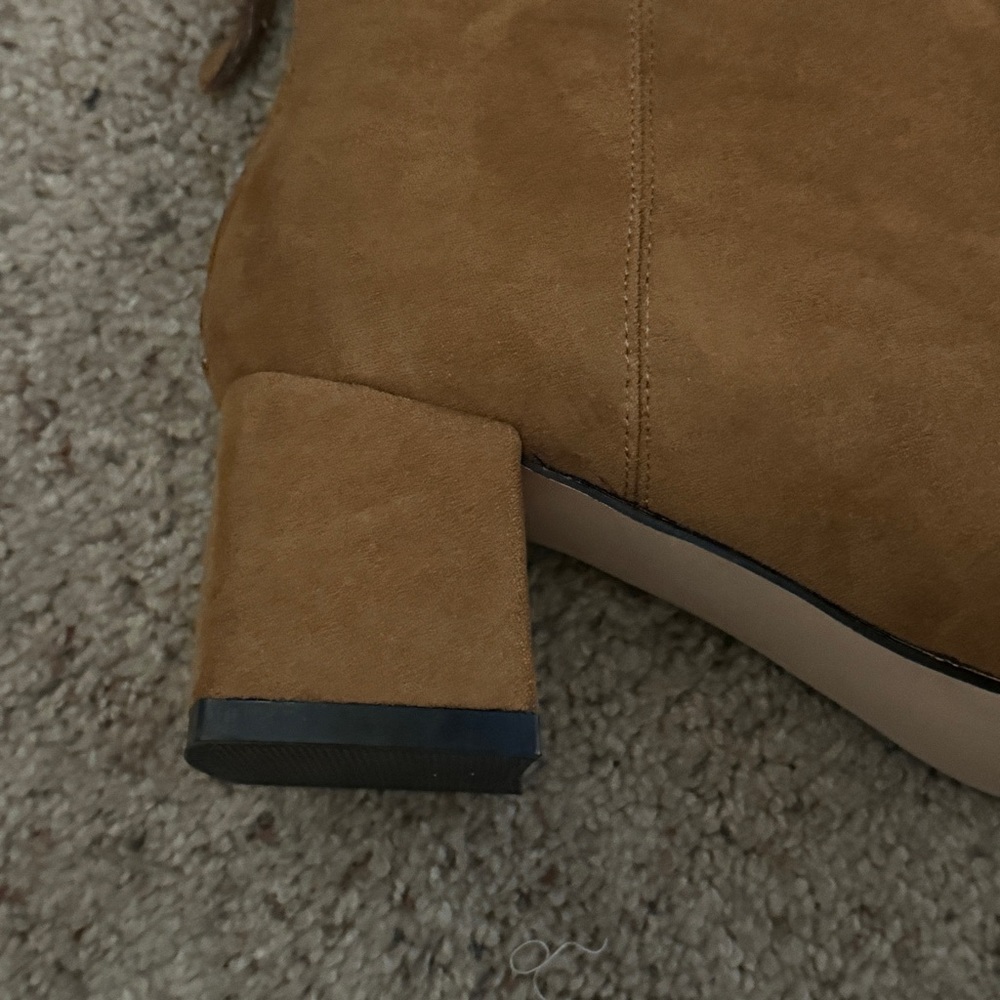 Lulus Square Toed Block Heel Camel Color Suede Ankle Boots - Picture 10 of 16